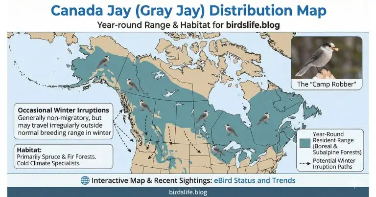 Map showing the geographic range of the Canada Jay (Perisoreus canadensis) across the boreal forests of North America, from Alaska across Canada to Newfoundland and into the northern US states. National Bird of Canada | The Canada Jay: History & 7 Facts