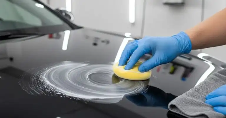 A gloved hand using a yellow sponge to clean a circular area of white soapy residue from a glossy black car hood, demonstrating a paint-safe method for removing bird poop.