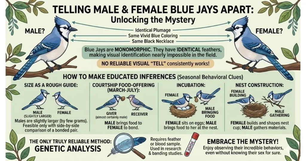 Blue Jay male vs female identification infographic with behavioral clues by Birdslife.blog